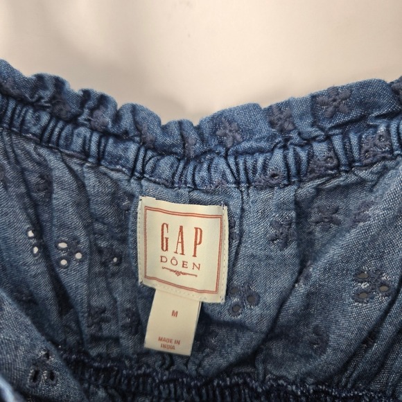 GAP DOEN Eyelet Tiered Midi Dress Chambray Blue Cotton Embroidered Boho Summer M - Picture 4 of 12